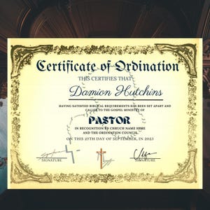 Certificado de Ordenación Pastoral (Plantilla editable) - Certificado de Ordenación (Plantilla imprimible de Canva)
