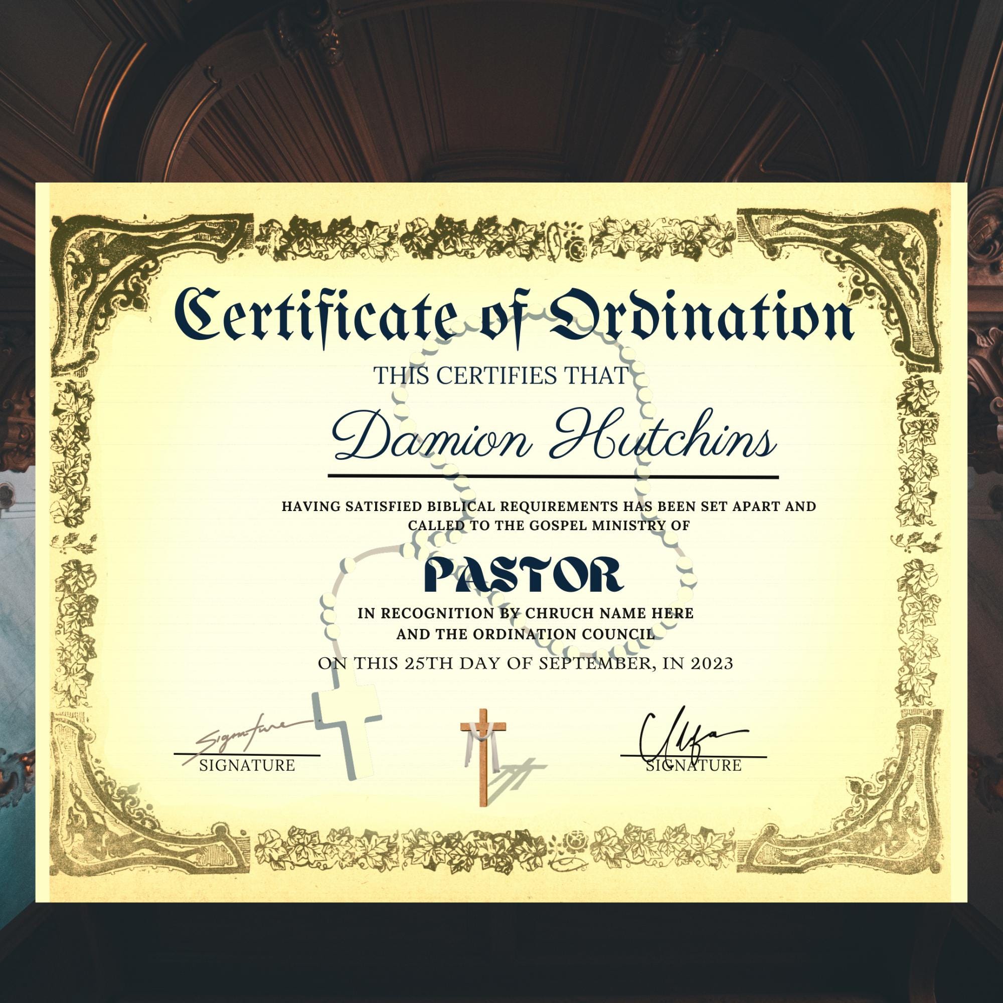 Editable Pastor Ordination Certificate Template (Canva, Word, PPTX)