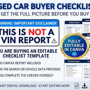 Peut inclure: Un mod&egrave;le de liste de contr&ocirc;le pour l'achat d'une voiture d'occasion avec le texte USED CAR BUYER CHECKLIST, GET THE FULL PICTURE BEFORE YOU BUY, et un avertissement THIS IS NOT A VIN REPORT. Inclut des sections pour l'historique du v&eacute;hicule.