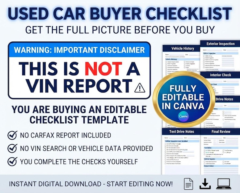 Peut inclure: Un mod&egrave;le de liste de contr&ocirc;le pour l'achat d'une voiture d'occasion avec le texte USED CAR BUYER CHECKLIST, GET THE FULL PICTURE BEFORE YOU BUY, et un avertissement THIS IS NOT A VIN REPORT. Inclut des sections pour l'historique du v&eacute;hicule.