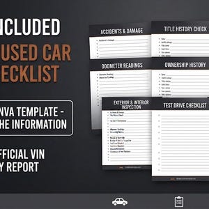 Puede incluir: Una plantilla editable de lista de verificaci&oacute;n para la compra de un coche usado con varias p&aacute;ginas con encabezados como Accidents & Damage, Title History Check, Service & Maintenance, Odometer Readings, Ownership History, Recalls & Warranty.