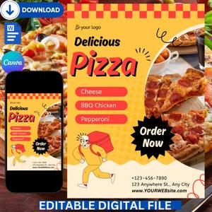 May include: A yellow and red digital flyer with a cartoon delivery person running with a red delivery bag. The flyer advertises delicious pizza with the options of cheese, BBQ chicken, and pepperoni. The flyer includes the text "Order Now" and a phone number and website address.