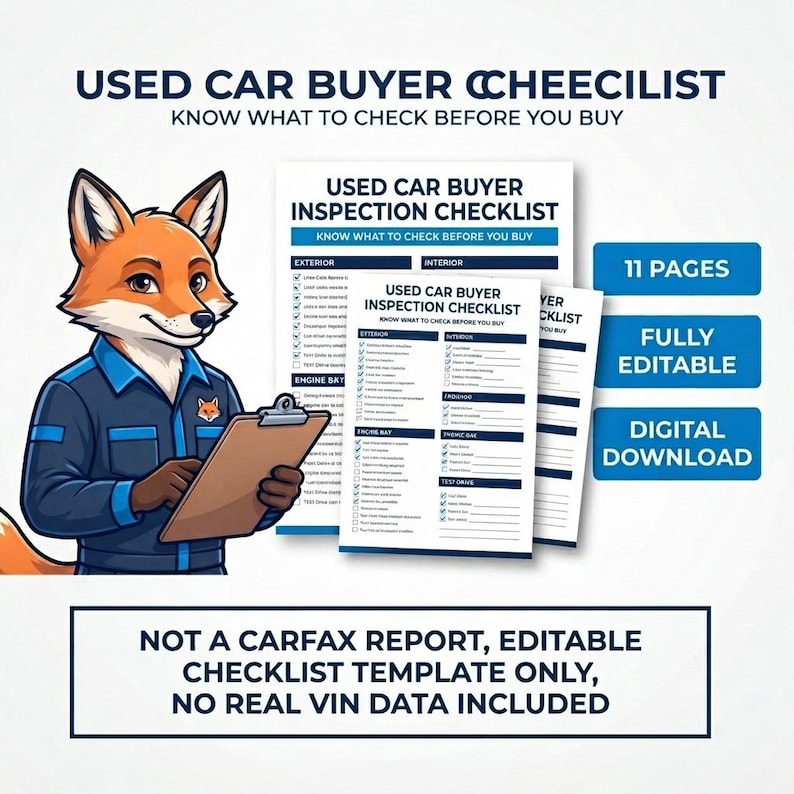 Peut inclure: Un mod&egrave;le num&eacute;rique de liste de contr&ocirc;le pour l'achat d'une voiture d'occasion avec un renard illustr&eacute; en uniforme bleu tenant un presse-papier. Le document comprend des sections pour l'ext&eacute;rieur, l'int&eacute;rieur, le moteur et l'essai routier, 11 pages.