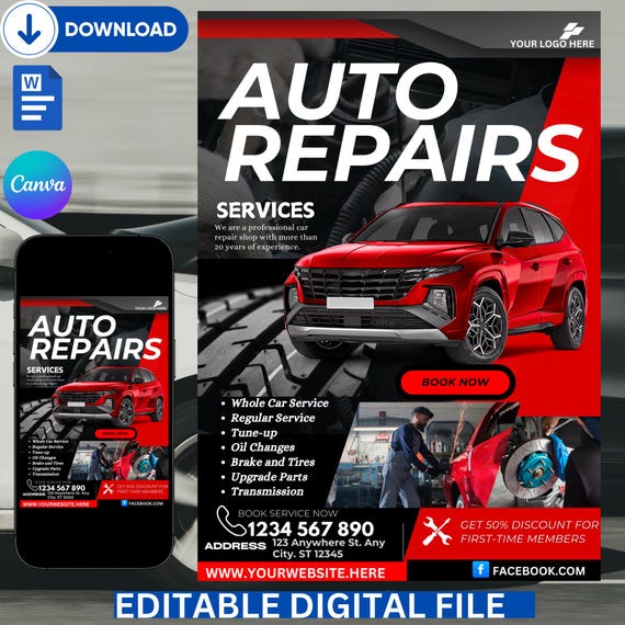 Car Repair Service Flyer Template: Auto Shop Social Media (Canva, Word)