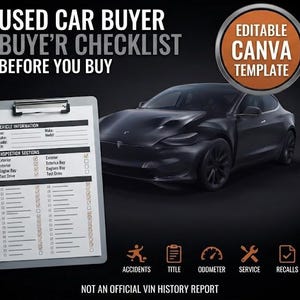 Puede incluir: Un gr&aacute;fico digital que muestra un portapapeles gris con una lista de verificaci&oacute;n para compradores de autos usados, un auto negro y el texto USED CAR BUYER BUYER CHECKLIST BEFORE YOU BUY, EDITABLE CANVA TEMPLATE, junto a iconos de accidentes y t&iacute;tulo.