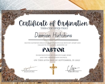 Editable Ordination Certificate Template: Minister, Pastor, Deacon (Canva)