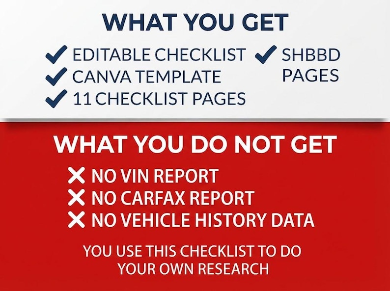 Peut inclure: Un graphique num&eacute;rique avec des arri&egrave;re-plans blanc et rouge listant les inclusions et exclusions du produit. Le texte inclut WHAT YOU GET, EDITABLE CHECKLIST, CANVA TEMPLATE, 11 CHECKLIST PAGES, SHBBD PAGES, WHAT YOU DO NOT GET, NO VIN REPORT, NO CARFAX REPORT, NO VEHICLE HISTORY DATA, et YOU USE THIS CHECKLIST TO DO YOUR OWN RESEARCH.