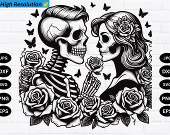 Floral Skeleton Couple SVG: Glowforge Cut File, Clipart PNG (Digital Download)