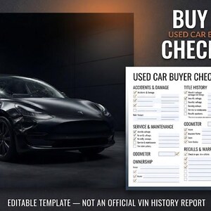 Puede incluir: Un sed&aacute;n negro se muestra junto a un documento de lista de verificaci&oacute;n para compradores de autos usados. El texto dice BUY SMART. USED CAR BUYER CHECKLIST. CHECK FIRST. e incluye secciones sobre accidentes, da&ntilde;os, historial y mantenimiento.