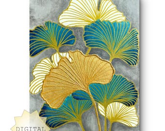 Gold Ginkgo Leaf Art Print, Teal Botanical Wall Decor (Digital Download)
