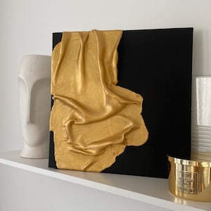 Texture 3D Minimalist Painting Original Art Textured Gold Black White Wall Acrylic Artwork Modern Abstract Home Decor Small Canvas Gift