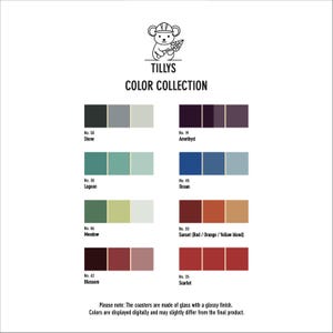 May include: A white background features the Tillys Color Collection. The collection displays color palettes with names like Stone, Amethyst, Lagoon, Ocean, Meadow, Sunset, Blossom, and Scarlet. The coasters are made of glass with a glossy finish.