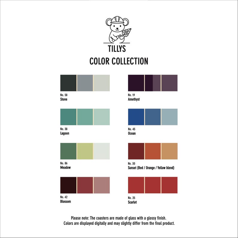 May include: A white background features the Tillys Color Collection. The collection displays color palettes with names like Stone, Amethyst, Lagoon, Ocean, Meadow, Sunset, Blossom, and Scarlet. The coasters are made of glass with a glossy finish.