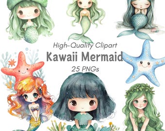 Clipart de sirena kawaii, clipart de sirena linda, calcomanía digital kawaii, clip art de acuarela linda