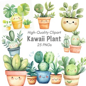 Kawaii Plant Clipart, Cute Plant Clipart, Kawaii Digital Sticker, Cute Watercolor Clip Art, Nature Clip Art