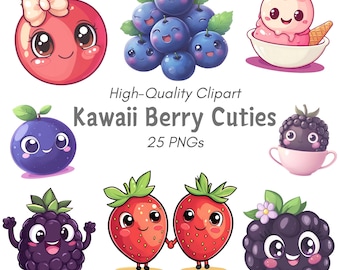 Kawaii Berry Clipart, Fruit Clipart, Blueberry Clip Art, Cute Strawberry Clipart, Fruit Clipart Png, Blackberry Clip Art, Digital Sticker