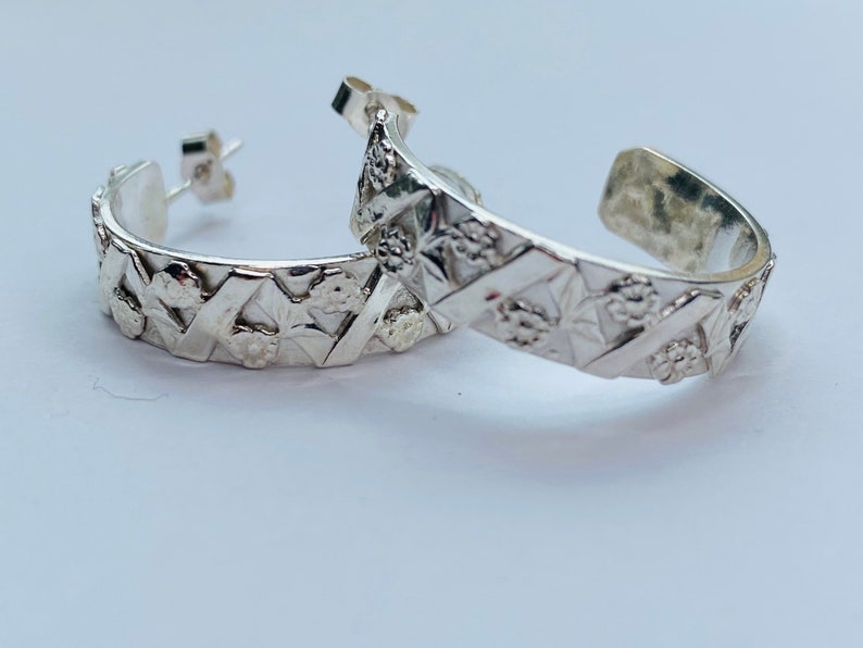 Hallmarked in Edinburgh Sterling Silver handmade patterned hoop earrings