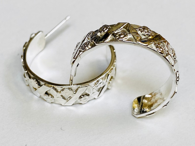 Hallmarked in Edinburgh Sterling Silver handmade patterned hoop earrings