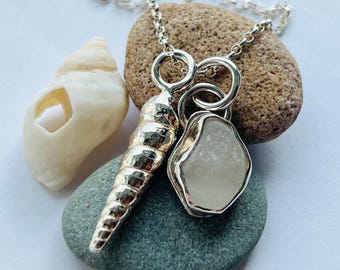 Sterling silver handmade shell and sea glass pendant