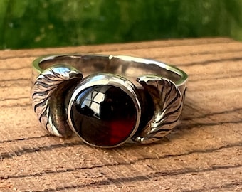 sterling silver handmade Garnet and crescent moon ring, Hallmarked in Edinburgh