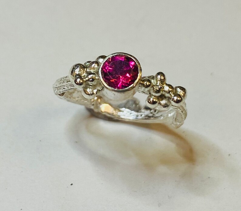 Sterling silver handmade twig effect pink topaz ring with granulation Hallmarked in Edinburgh