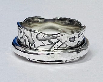 Sterling silver handmade embossed print spinner ring, hallmarked in Edinburgh