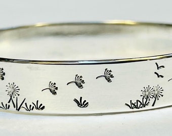 Sterling silver handmade dandelion oval bangle, Hallmarked in Edinburgh