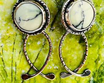sterling silver handmade white river hotsonite turquoise dangle earrings, Hallmarked in Edinburgh