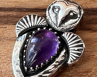 Recycled sterling silver handmade owl pendant with pear shaped amethyst gemstone, hallmarked in Edinburgh