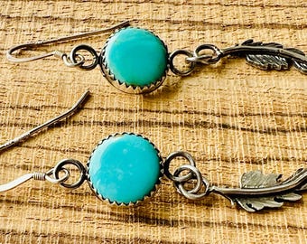 Sterling silver handmade turquoise drop earrings with hand pierced feathers, Hallmarked in Edinburgh