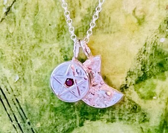 recycled sterling silver handmade moon and pentacle charm necklace,