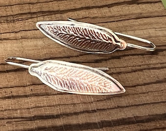 Sterling silver embossed leaf print drop earrings, hallmarked in Edinburgh