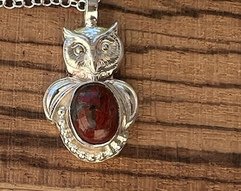 sterling silver handmade owl pendant with Jasper cabachon, Hallmarked in Edinburgh