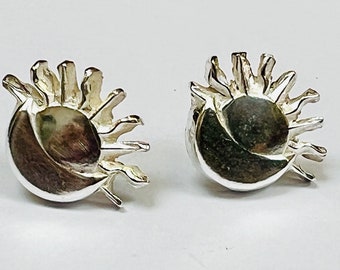 sterling silver handmade sun and moon stud earrings.