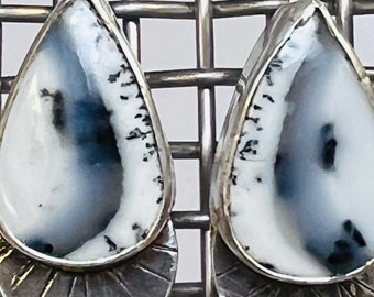 sterling silver handmade dendritic chalcedony teardrop earrings, Hallmarked in Edinburgh