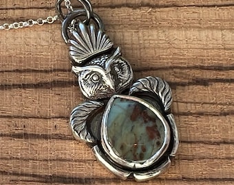 Sterling silver handmade owl pendant with variscite stone, Hallmarked in Edinburgh