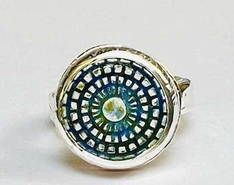 sterling silver handmade mosaic ring with transparent enamel, Hallmarked in Edinburgh