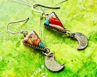 Sterling silver handmade turquoise drop earrings with crescent moons, Hallmarked in Edinburgh