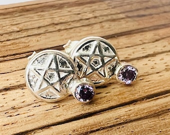 Sterling silver handmade pentacle studs with 2mm faceted amethyst coloured cubic zirconia, hallmarked in Edinburgh