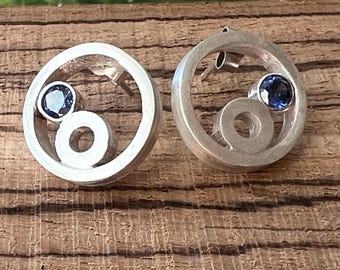 Sterling silver handmade stud earrings with 4mm dark blue cubic zirconia, hallmarked in Edinburgh