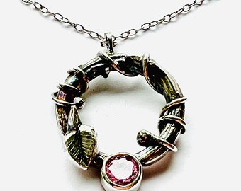 Sterling silver handmade twig and vine necklace with pink cubic zircon