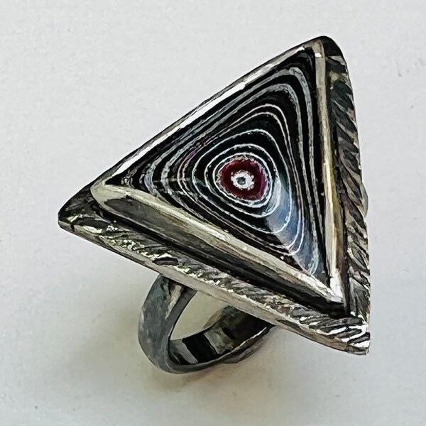 Sterling silver handmade fordite ring, Hallmarked in Edinburgh