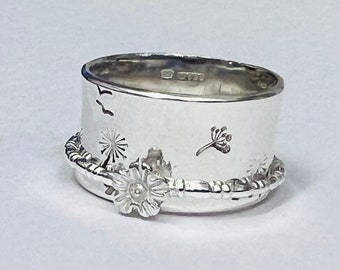 Sterling silver handmade dandelion spinner ring, Hallmarked in Edinburgh
