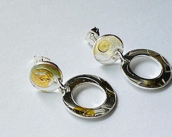 Sterling silver handmade drop earrings with 24ct gold leaf keum boo, Hallmarked in Edinburgh