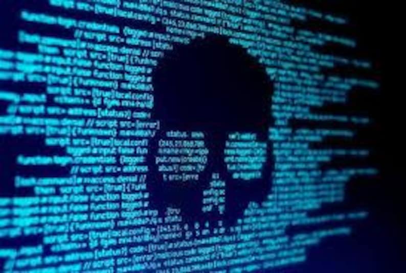May include: A blue skull and crossbones graphic against a background of computer code. The skull is a common symbol of danger and hacking.