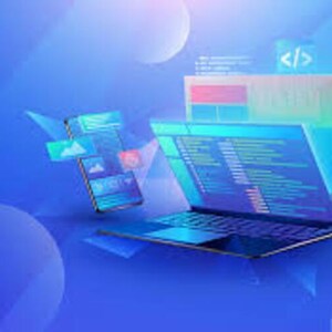 May include: A blue laptop computer with a code editor open on the screen. A blue smartphone with a cloud icon is floating in the air next to the laptop. The background is a gradient of blue and purple.