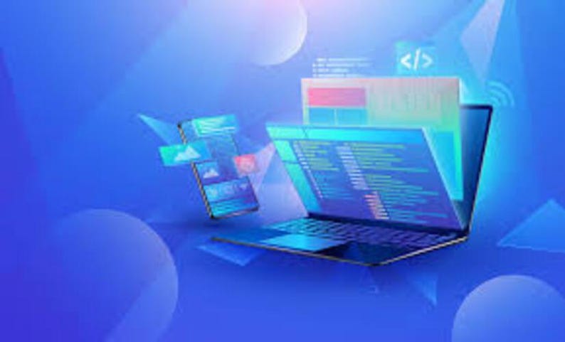 May include: A blue laptop computer with a code editor open on the screen. A blue smartphone with a cloud icon is floating in the air next to the laptop. The background is a gradient of blue and purple.