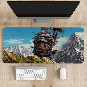 May include: A blue and green landscape with a large, brown, steampunk-style flying machine in the foreground. The machine has multiple windows and smokestacks. The background features snow-capped mountains.