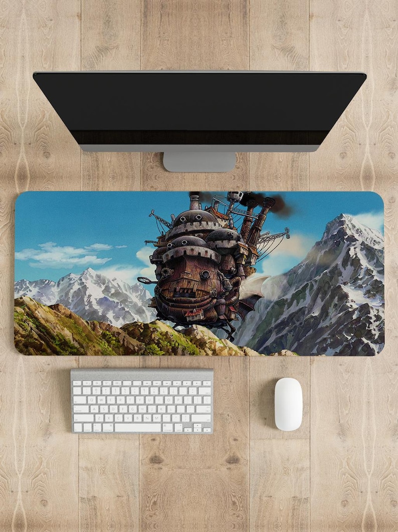 May include: A blue and green landscape with a large, brown, steampunk-style flying machine in the foreground. The machine has multiple windows and smokestacks. The background features snow-capped mountains.