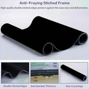 May include: Black mouse pad with double stitched edges to prevent fraying. The mouse pad is 2mm, 3mm, or 4mm thick.  The mouse pad is rolled up for easy packaging.